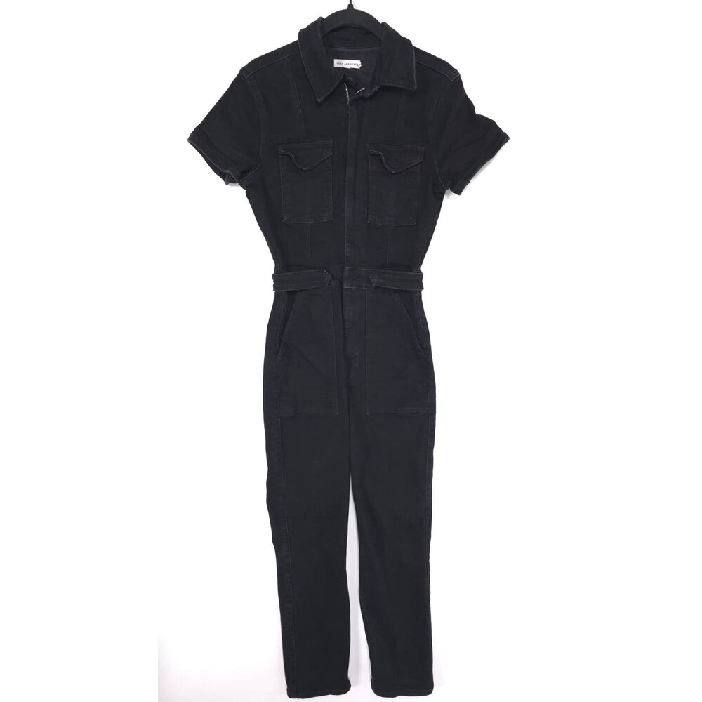 GOOD‎ AMERICAN Women’s Denim Jumpsuit SMALL Black Zip Front Short Sleeve Size 1